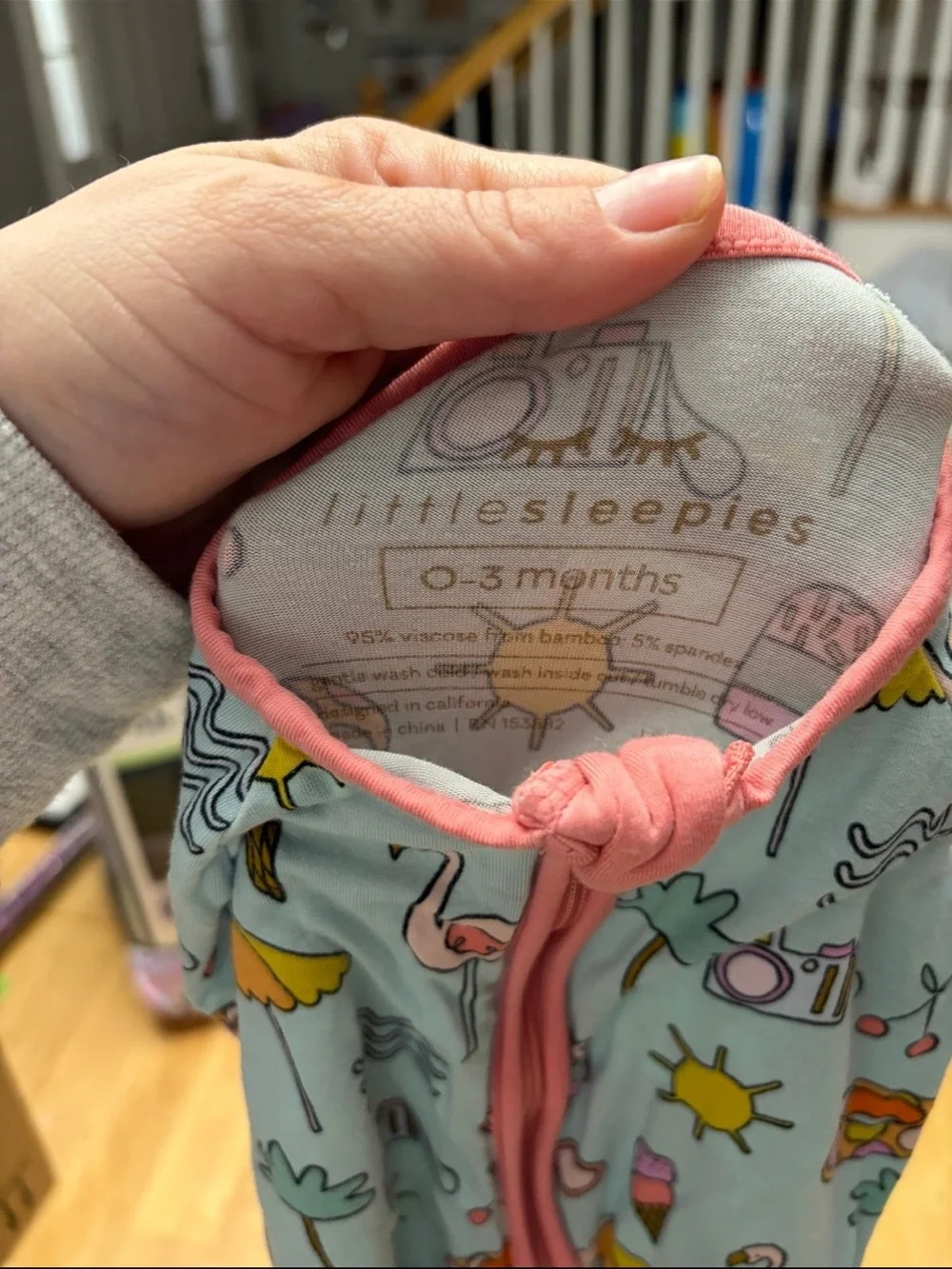 Little Sleepies Light Blue One-Piece Footie with Pink Trim and Beach Motifs